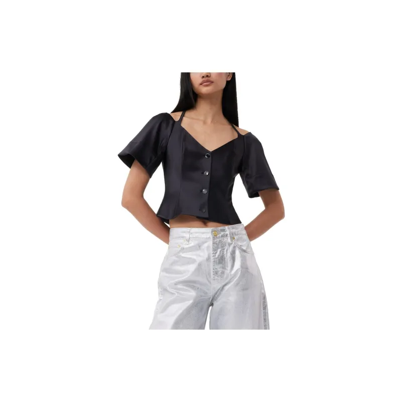 GANNI Cropped Satin Blouse-5