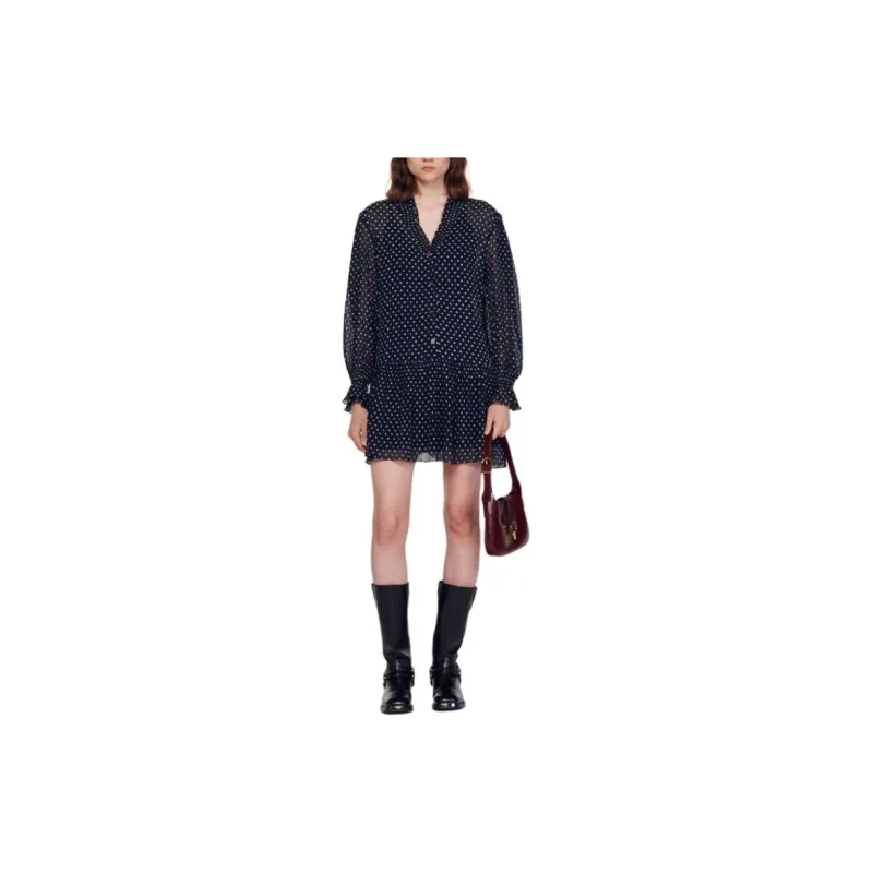 Sandro Short Polka Dot Dress Long-Sleeved Dresses Women's Blue-1