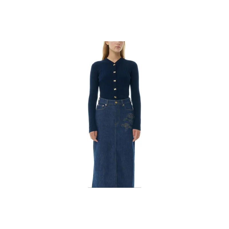 GANNI Blue Mini Ribbed Merino Cardigan Knitwear Women's Marine Blue-3