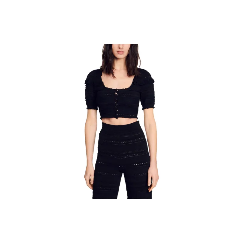 Sandro Ruffled Pointelle-knit Cropped Cardigan-1