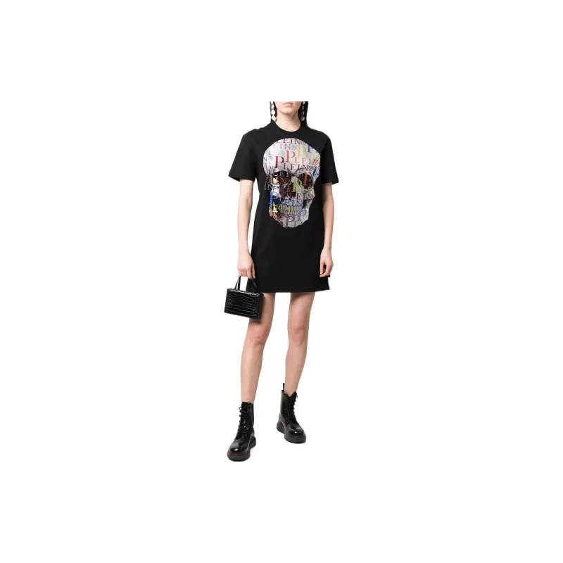 PHILIPP PLEIN Rhinestone skull T shirt Dress-1