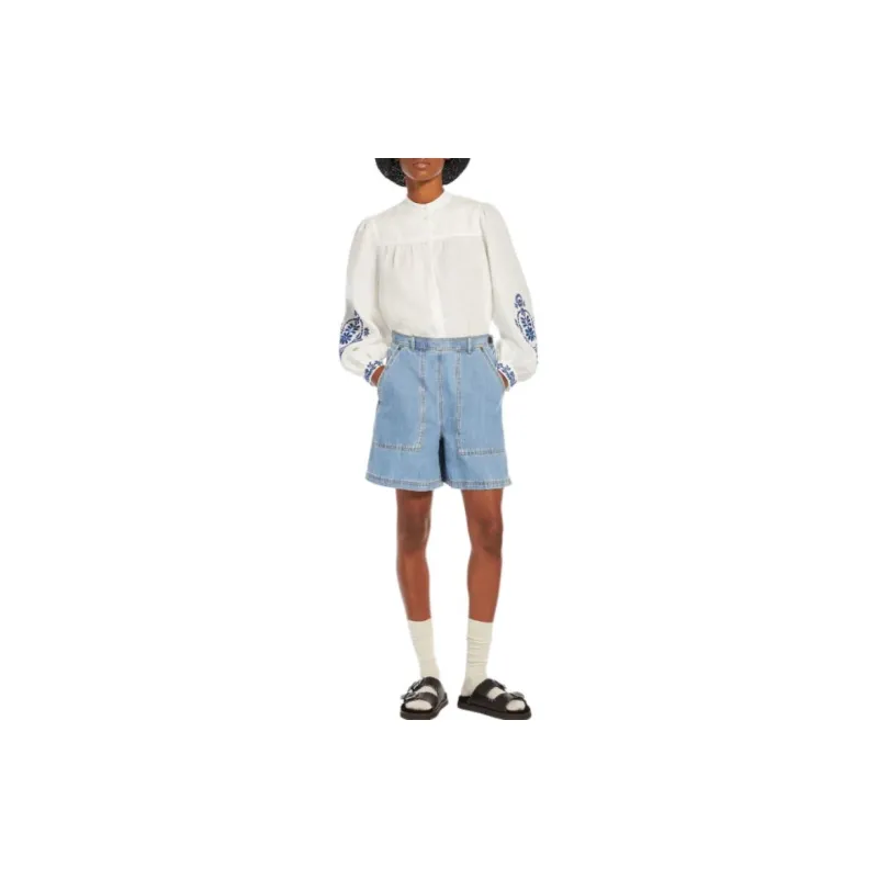 WEEKEND MaxMara Elica Collection Cotton And Linen Denim Jeans Casual Shorts Women's Blue-1