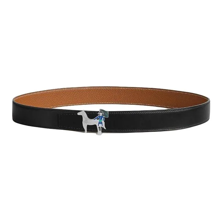 HERMES Calfskin Leather Belts Men's Black Width 3.2CM-0