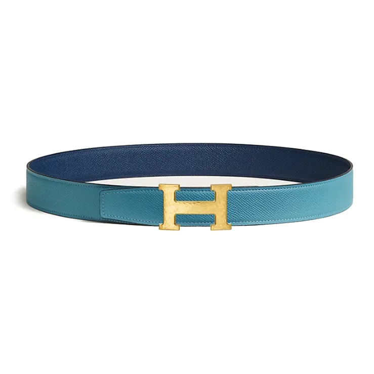 HERMES Calfskin Metal Leather Belts Men's Blue/Light Blue Width: 3.2CM-0