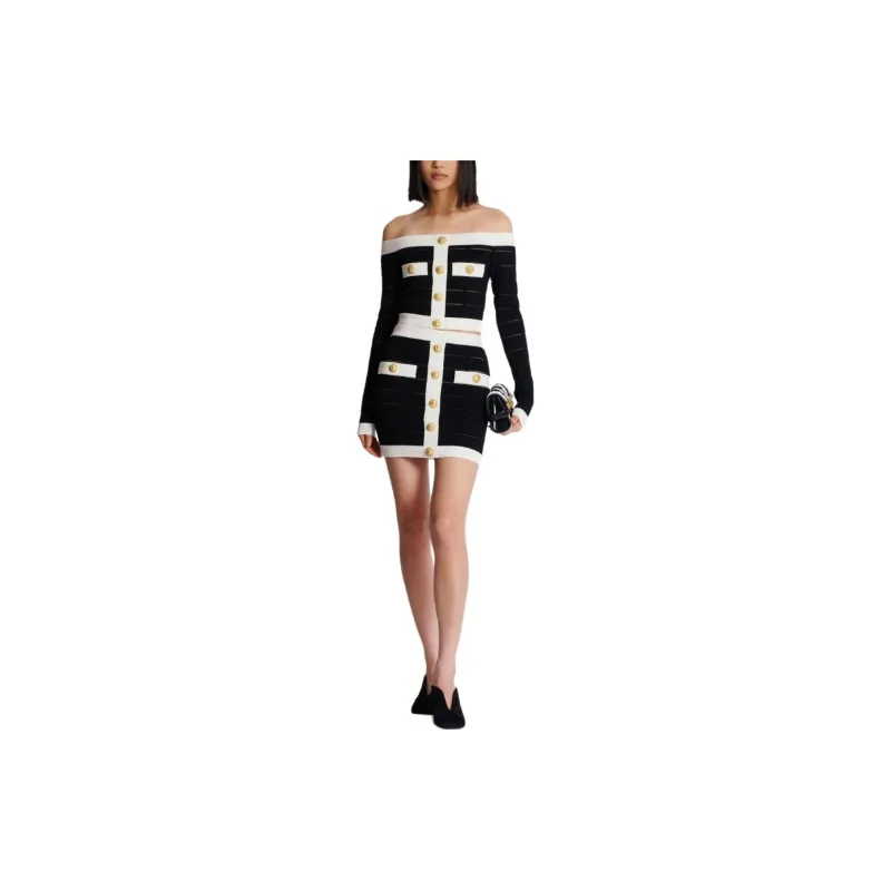 BALMAIN Two Tone Buttoned Knit Skirt-1