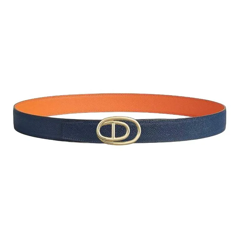 HERMES Calfskin Leather Belts Men's Orange, Marine Blue Width 3.2cm-1