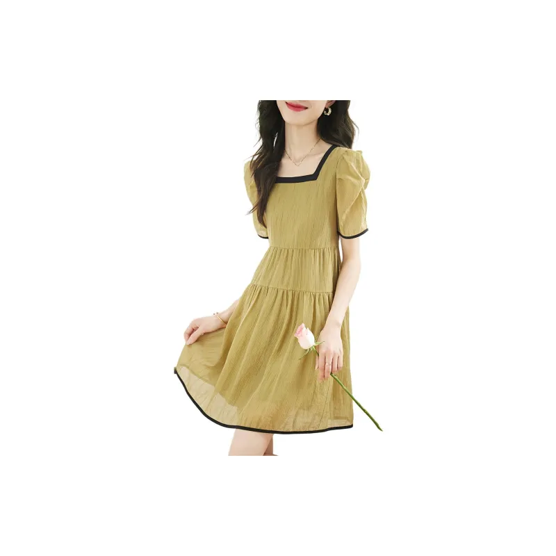 Mo Han Yi Mei Short Sleeved Dress Women's Yellow Green-2