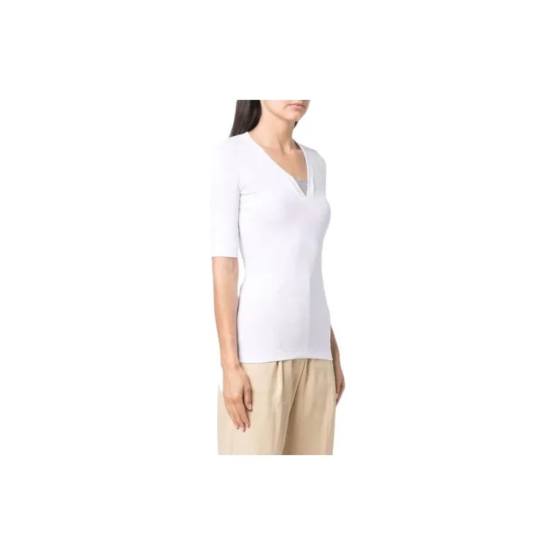 Brunello Cucinelli Monili Chain Embellished V Neck T Shirt-4
