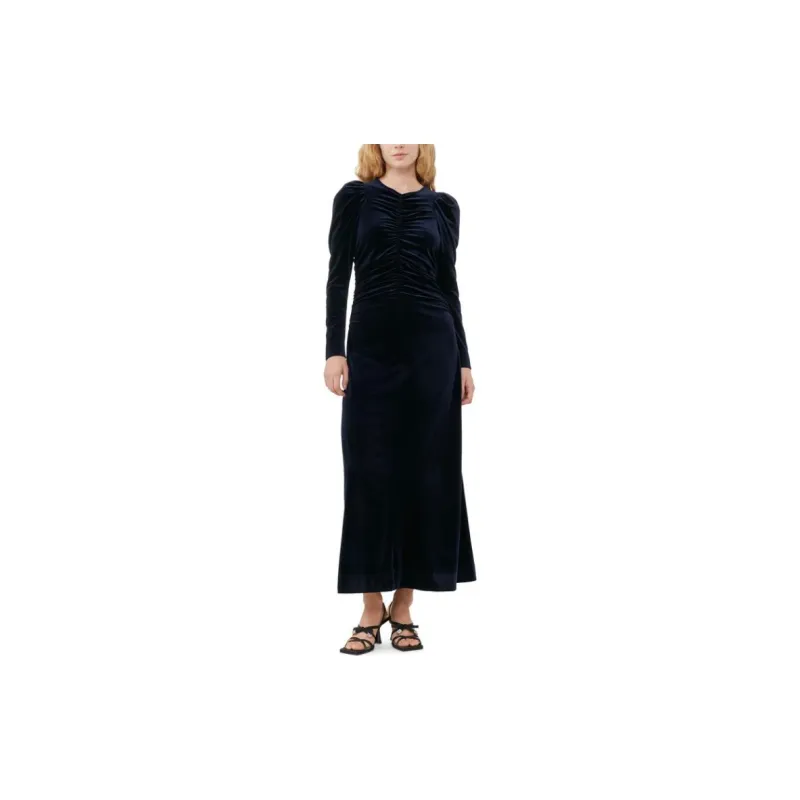 GANNI Velvet Jersey Long Dress Long-Sleeved Dresses Women's Blue-2