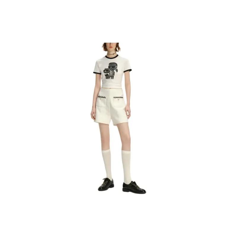 KARL LAGERFELD Logo Print Crew Neck Slim Fit Cropped Short Sleeved T Shirt T Shirt Women's White-1