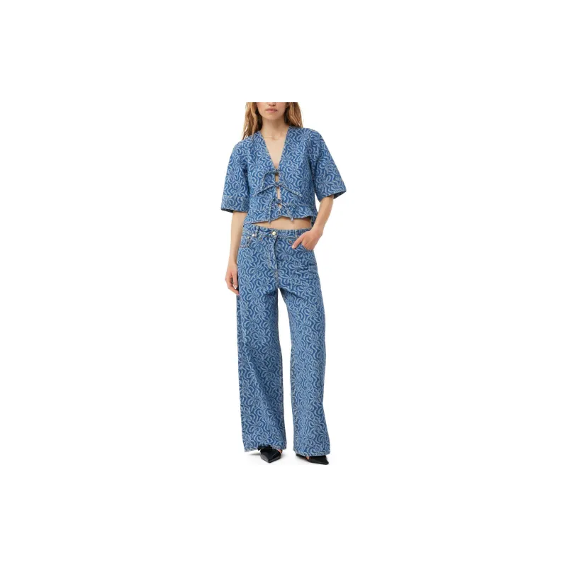 GANNI Acquard Denim Flounce Tie Blouse Shirt Women's Blue-2