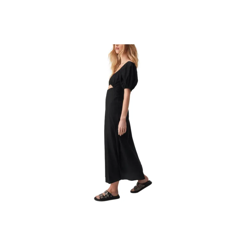 NASTY GAL Linen Mix Puff Sleeve A Line Maxi Dress Short-Sleeved Dresses Women's Black-1