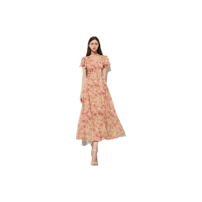 DPLAY Short Sleeved Dress Women's Pink Undertone Rose Garden-1