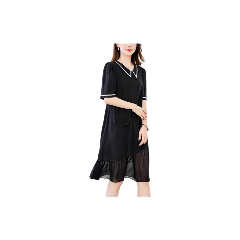 Yi Mengyuan Silk Short Sleeved Dress Women's Black-5