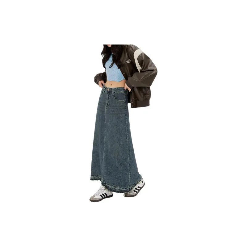 Weixi Denim Long Skirts Women's Vintage Blue-2
