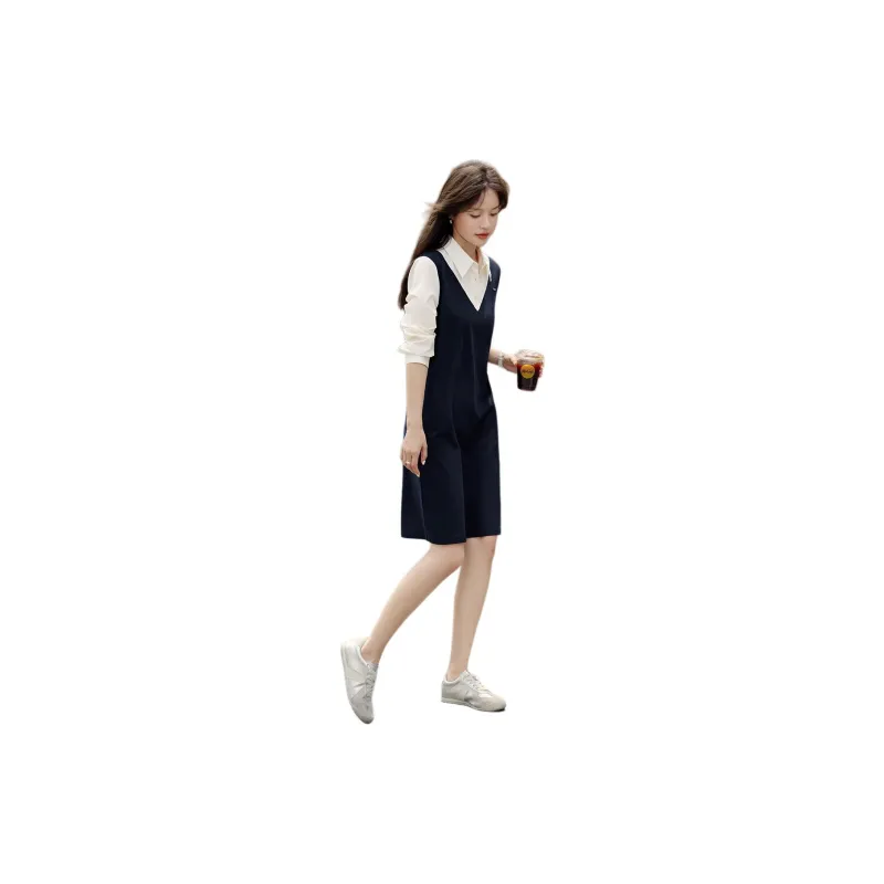 Mo Han Yi Mei Long Sleeved Dresses Women's Navy Blue & White-3