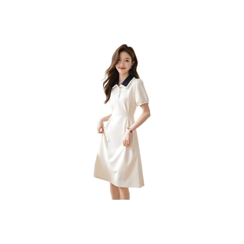 Mo Han Yi Mei Short Sleeved Dress Women's Ecru & Navy Blue-1