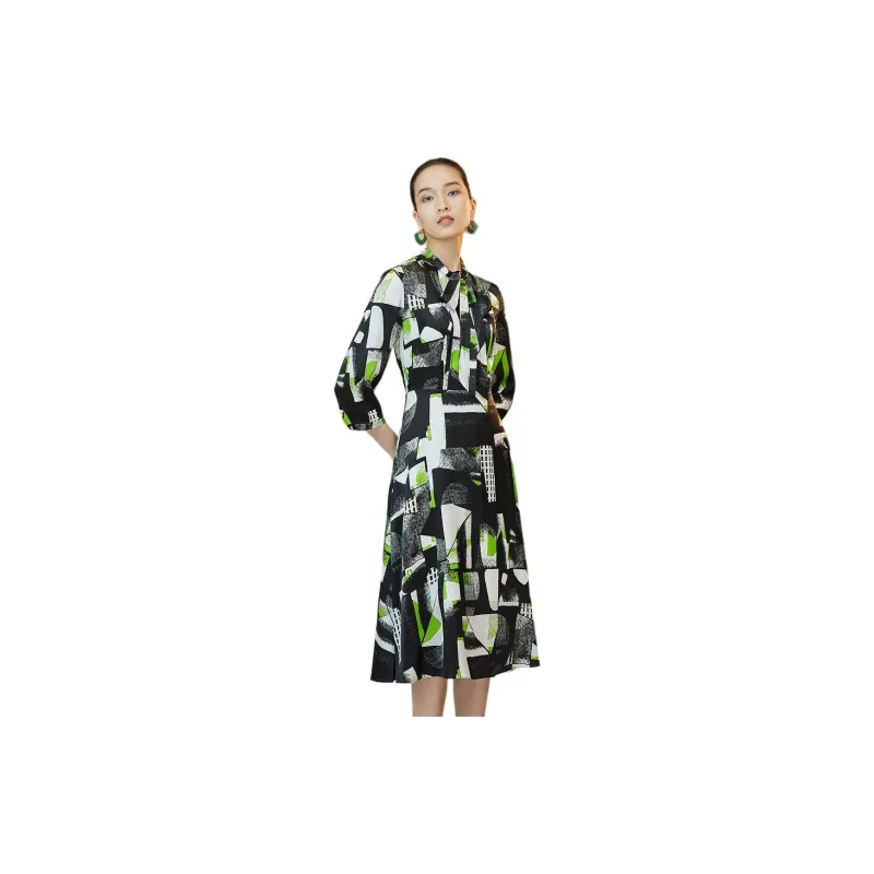 BBLLUUEE Long Sleeved Dress Women's Black Emerald Green-3