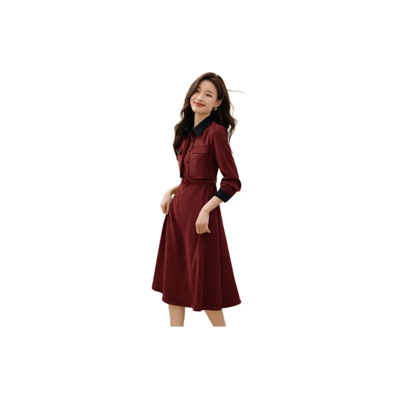 Mo Han Yi Mei Long Sleeved Dress Women's Vintage Red-1