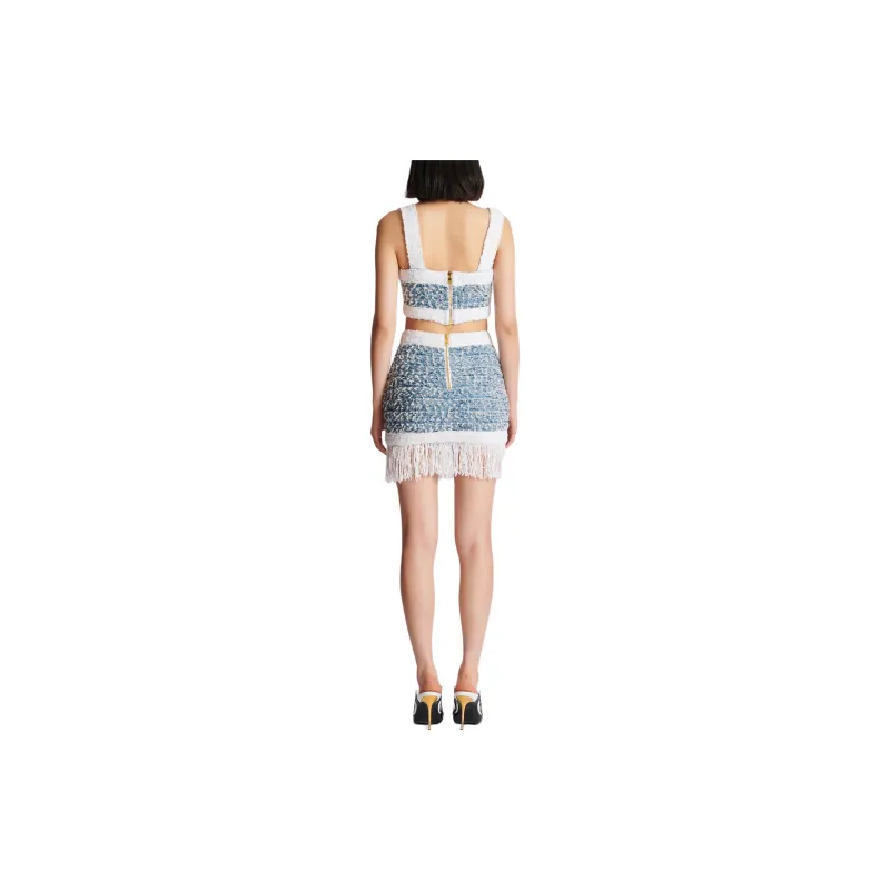 BALMAIN Buttoned Denim Fringed Tweed Mini Skirt-1