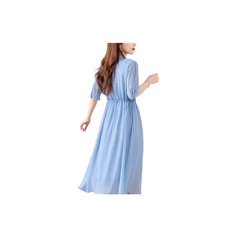 Yi Mengyuan Lace Up Silk Short Sleeved Dress Women's-4