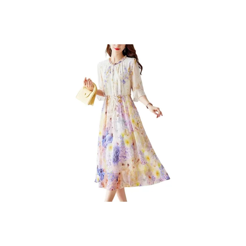 Yi Mengyuan Lace Up Silk Short Sleeved Dress Women's Yellow-5