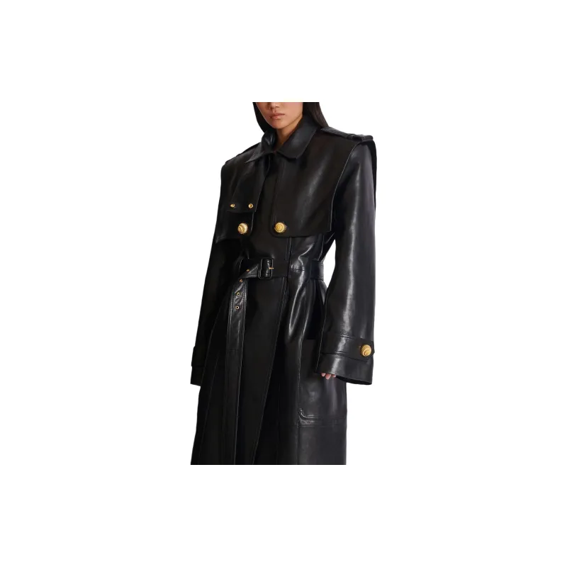 BALMAIN Belted Lambskin Trench Coat-1