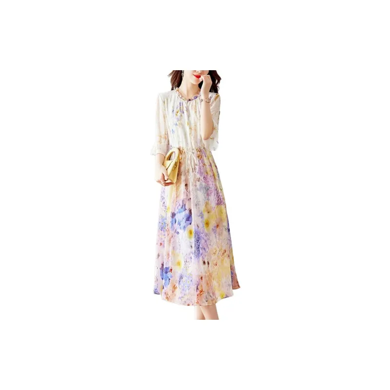 Yi Mengyuan Lace Up Silk Short Sleeved Dress Women's Yellow-2