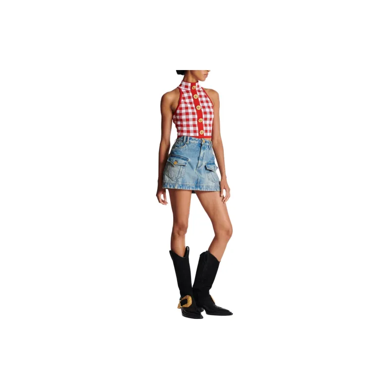 BALMAIN Gingham Checked Sleeveless Top-2