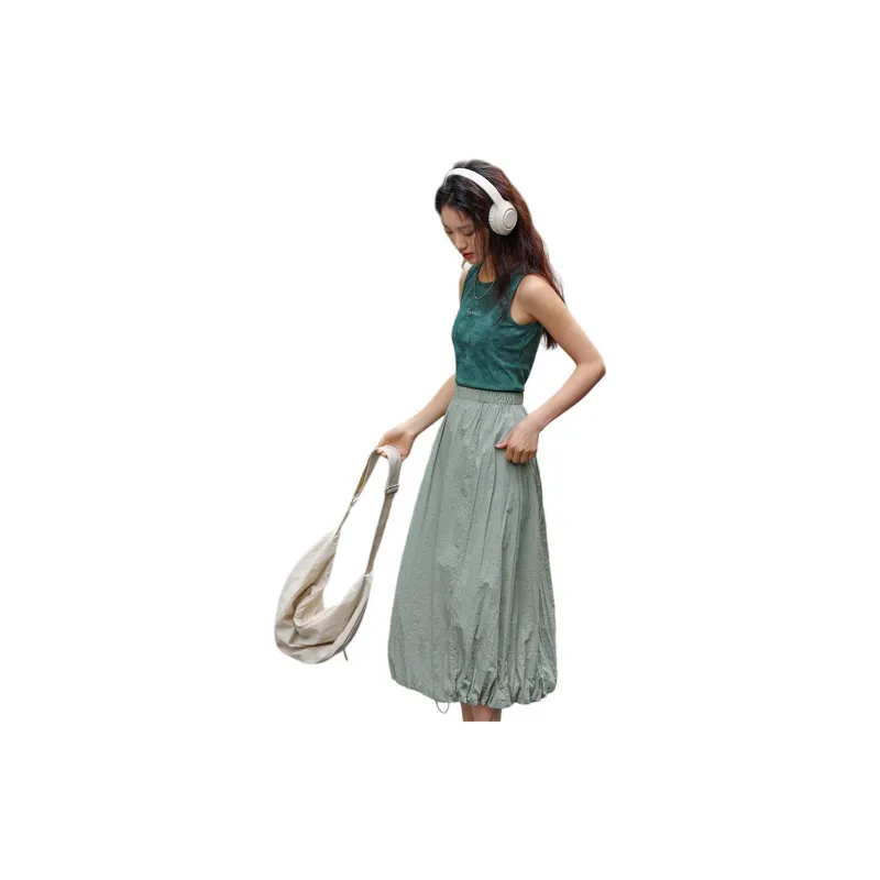 【dme】 Casual Long Skirts Women's Gray Pea Green-3