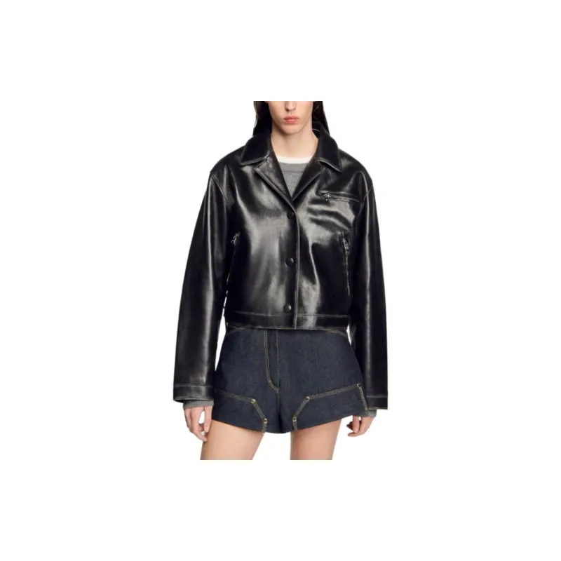 Sandro Distressed Leather Jacket-1