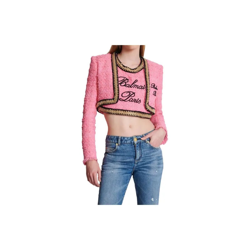 BALMAIN Chain trim Tweed Cropped Jacket-4