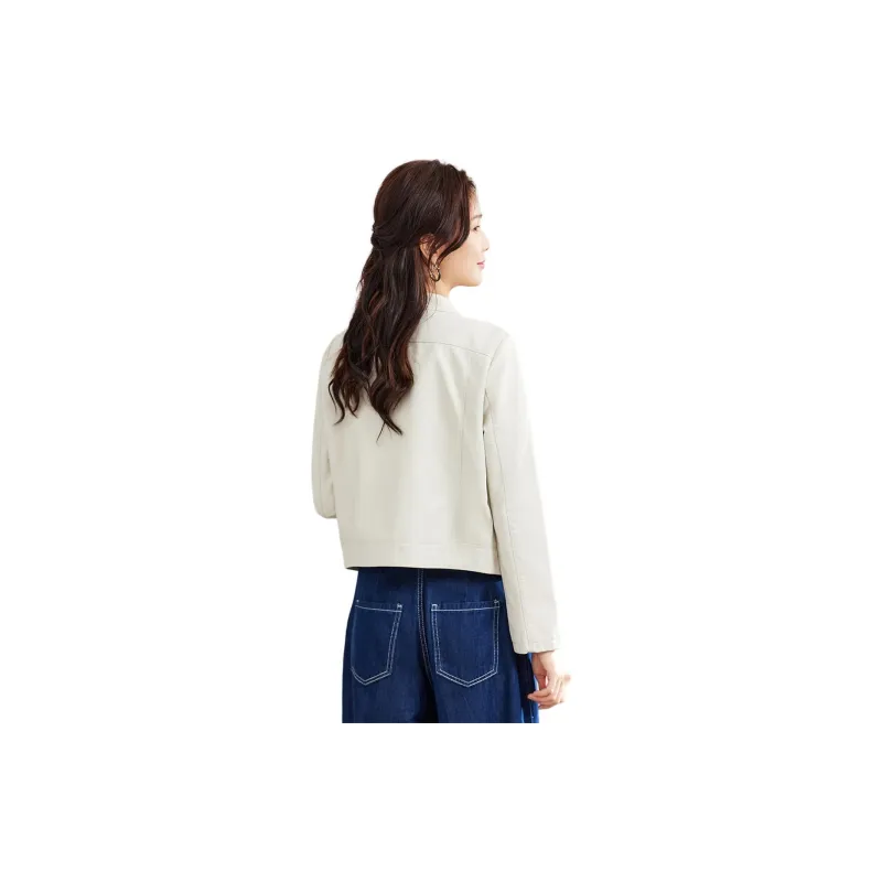 TERRE BLEUE Leather Jacket Women's Beige-1