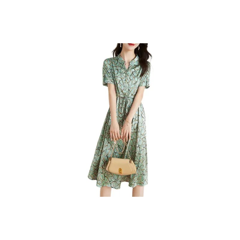 Mo Han Yi Mei Short Sleeved Dress Women's Green With Print-0