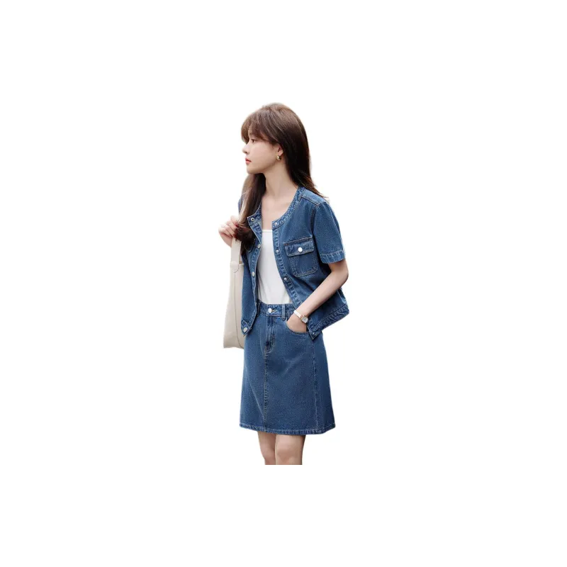 Mo Han Yi Mei SS24 Skirt Set Women's Denim Blue-1