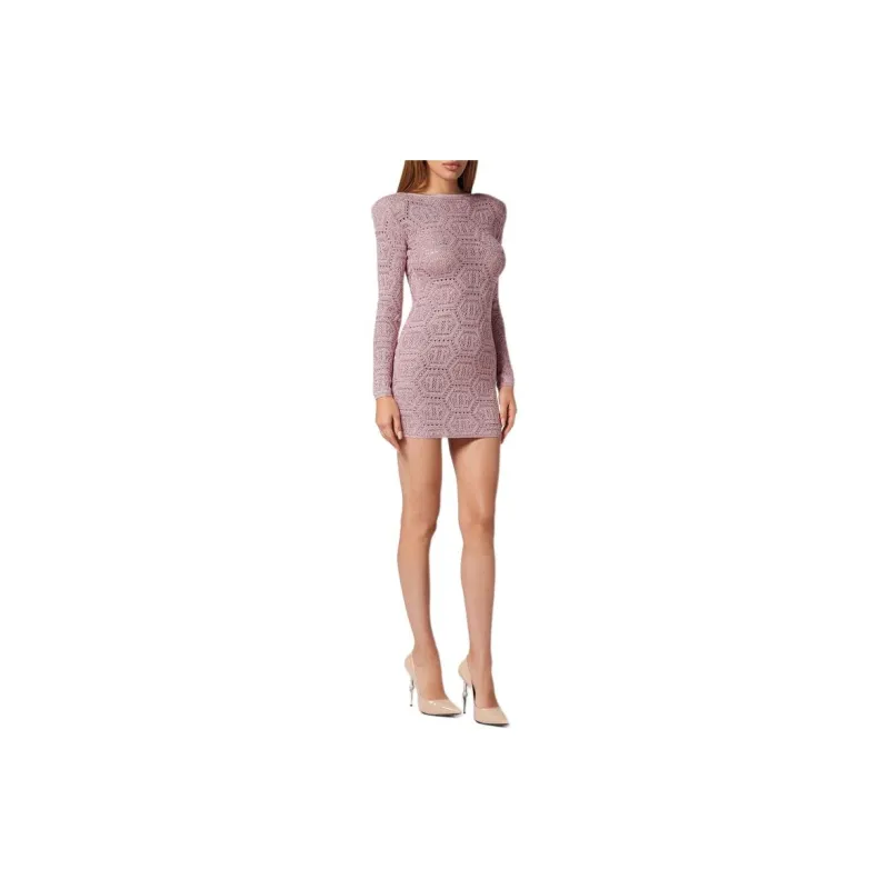 PHILIPP PLEIN Lurex Knit Mini Dress Monogram Long Sleeved Dress Women's Rose Pink-1