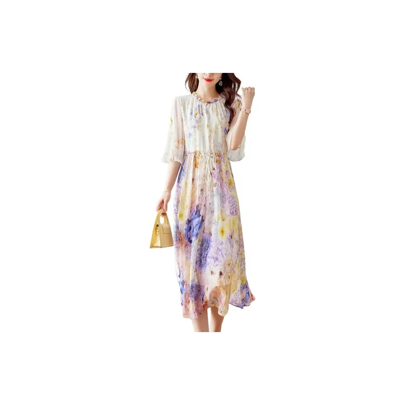 Yi Mengyuan Lace Up Silk Short Sleeved Dress Women's Yellow-1