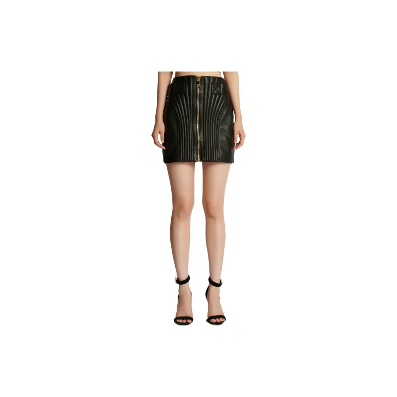 BALMAIN Leather Short Skirts Women's Black-4
