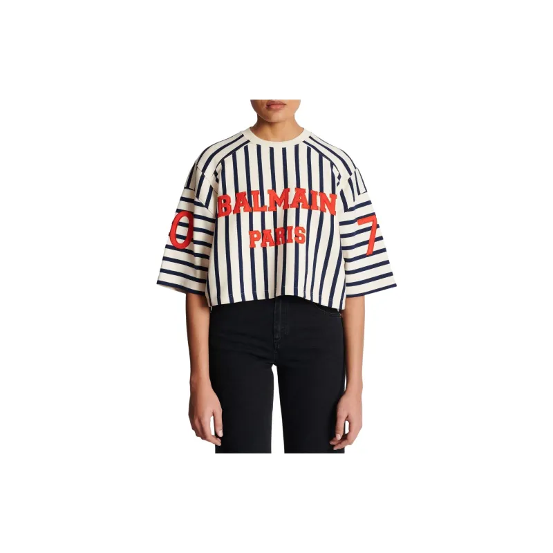 BALMAIN Logo-embellished Cropped Baseball T-shirt-2