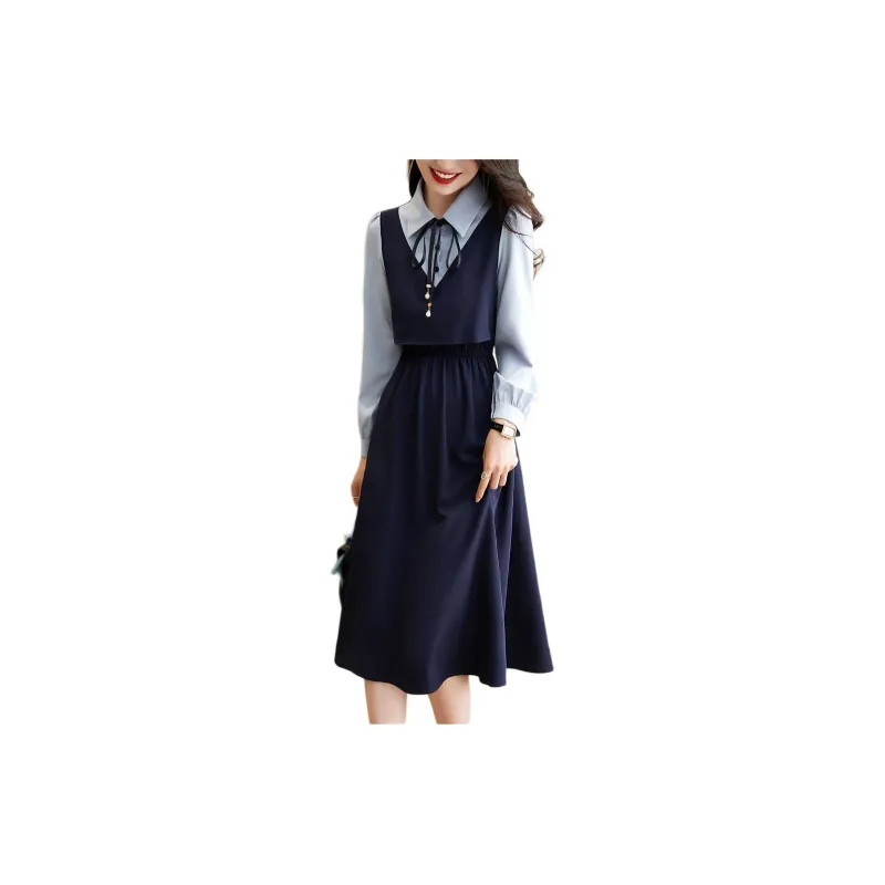 Mo Han Yi Mei Long Sleeved Dress Women's Navy Blue & Blue-4