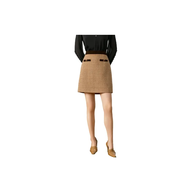 JZ. ANNAKRO Casual Short Skirts Women's Plaid Brown Yellow-6