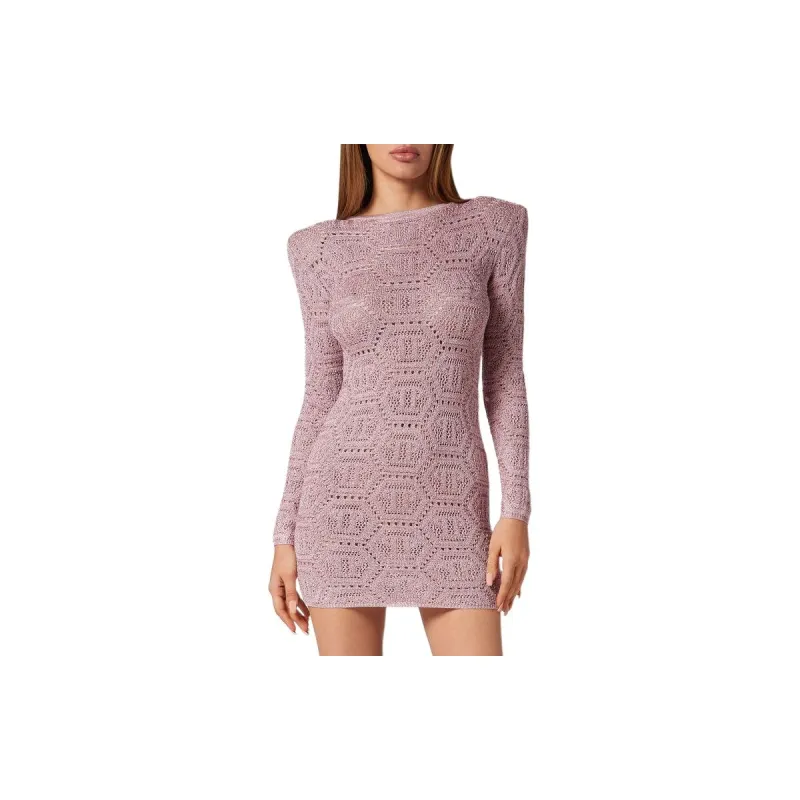 PHILIPP PLEIN Lurex Knit Mini Dress Monogram Long Sleeved Dress Women's Rose Pink-2