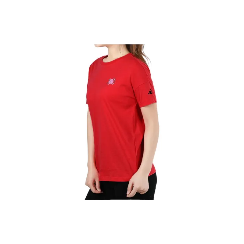 Adidas Drop Shoulder Sleeve T Shirt Women's Red-3