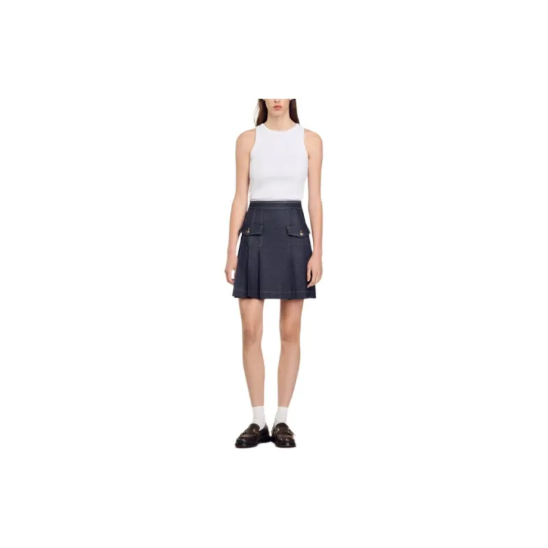 Sandro Mid rise Pleated Denim Miniskirt-1