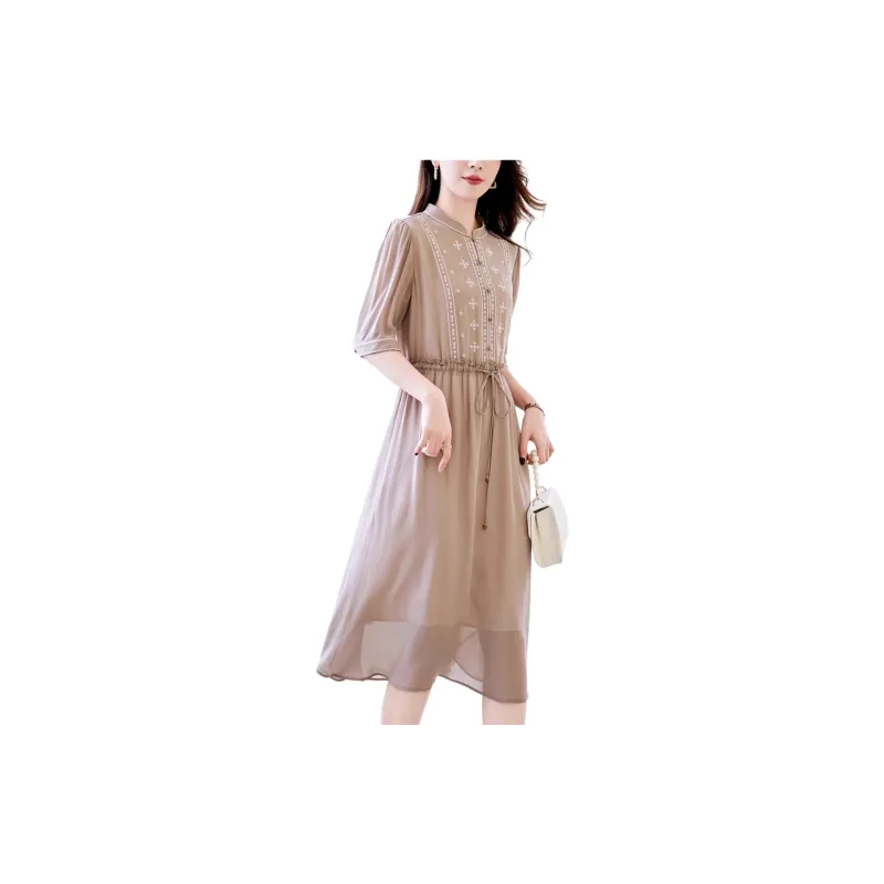 Yi Mengyuan Lace Up Silk Short Sleeved Dress Women's-8
