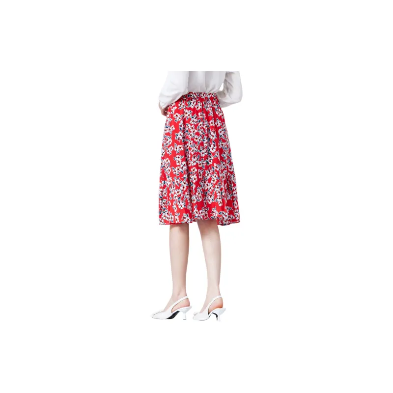 H-YXIANG Casual Long Skirts Women's Red Background With Flowers-2