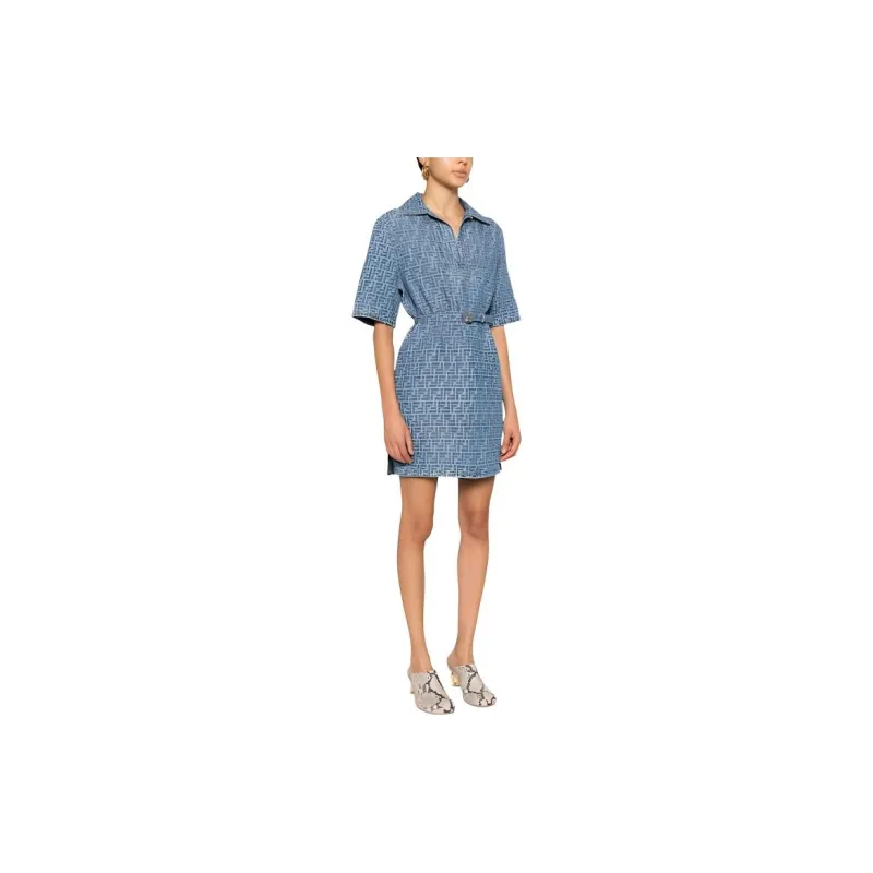 FENDI Ff Jacquard Belted Denim Dress-5