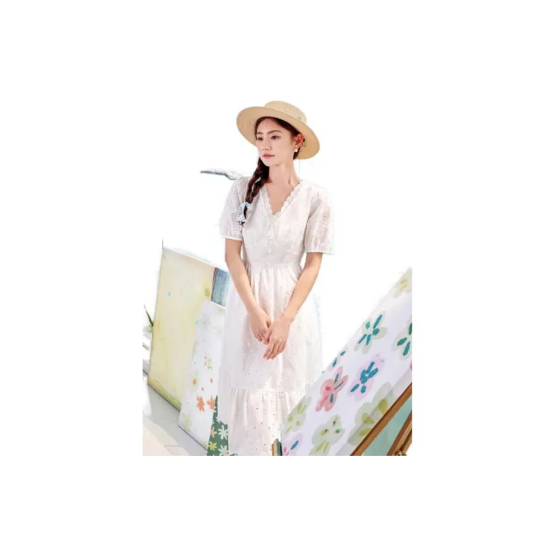 XIANGYING Short Sleeved Dress Women's White-1