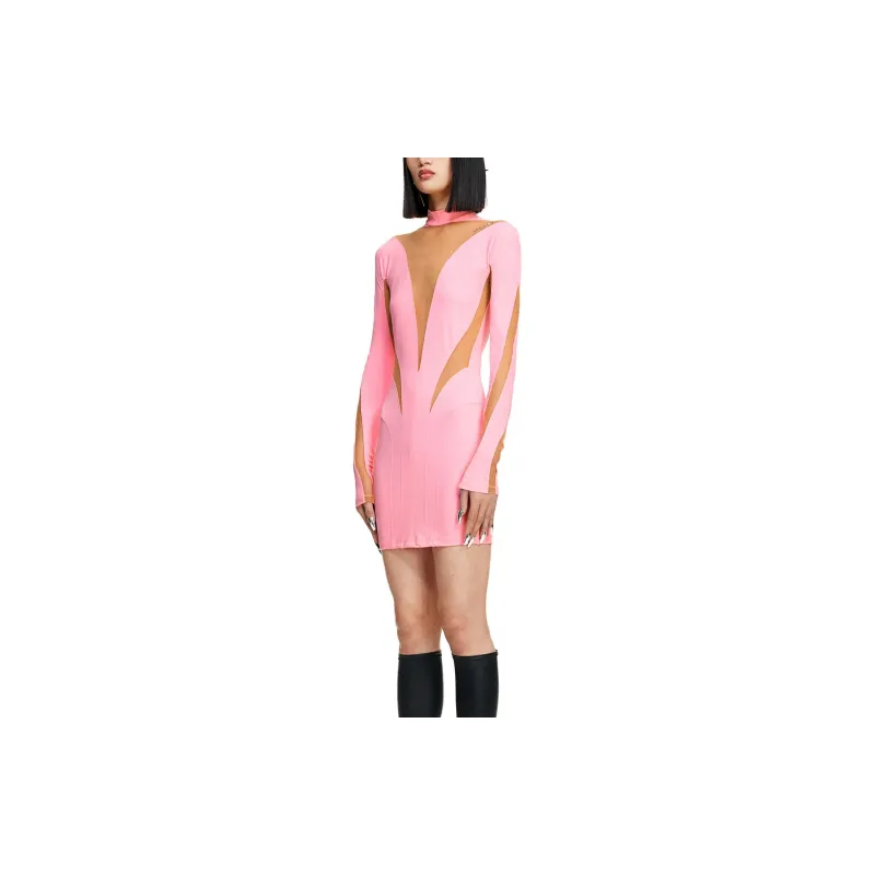 H&M Mesh Paneled Mini Dress Pink/Beige-2