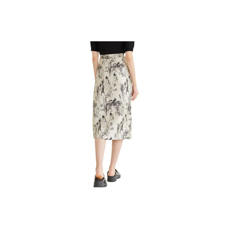 NAWAIN Casual Long Skirt Women's Beige With Black Floral-3